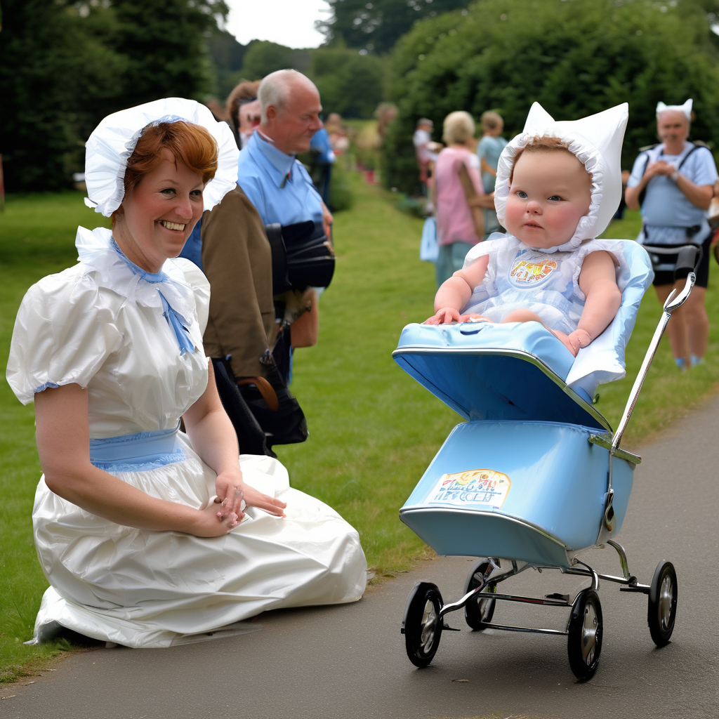 all adults only. lady wearing puffy clear ivory PVC plastic diaper romper, diaper have tight thin elastic around legs and waistband, pretty adult lady with pigtails bonnet wearing a baby blue bib peter pan collar, she is sat in a wood prambox pram, with words "pram race" they are at a vintage english village church summer fun race.. another pram racer in background.