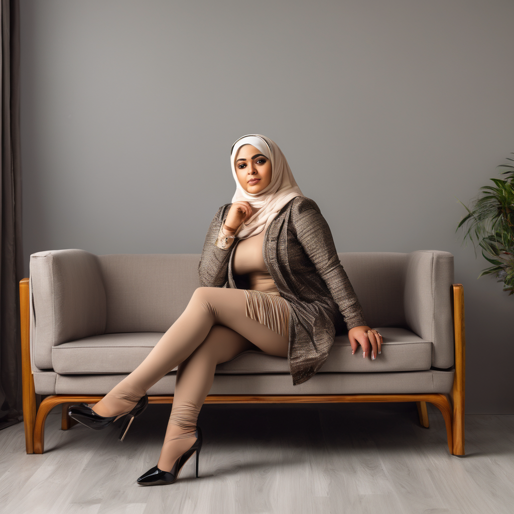 CHUBBY AND BUSTY A young, light-skinned Middle Eastern woman is seated on a gray sofa at wooden floor. Backround is  white a wall . She is wearing a brown hijab, a beige lace top, and  tights. Her build is cbby and busty. She is wearing black patent leather high-heeled stiletto. She is sitting with her legs crossed at the knees. Her face has a soft, inviting expression with a gentle smile. She is looking directly at the viewer. The lighting is bright and even, no  shadows. The composition is a medium and side diagonal shot, with the woman taking up most of the frame, seated on the right side. The style is a clean, modern aesthetic with a focus on form and color.8k photo, HDR, professional lighting, taken with Canon EOS R5, 75mm lens