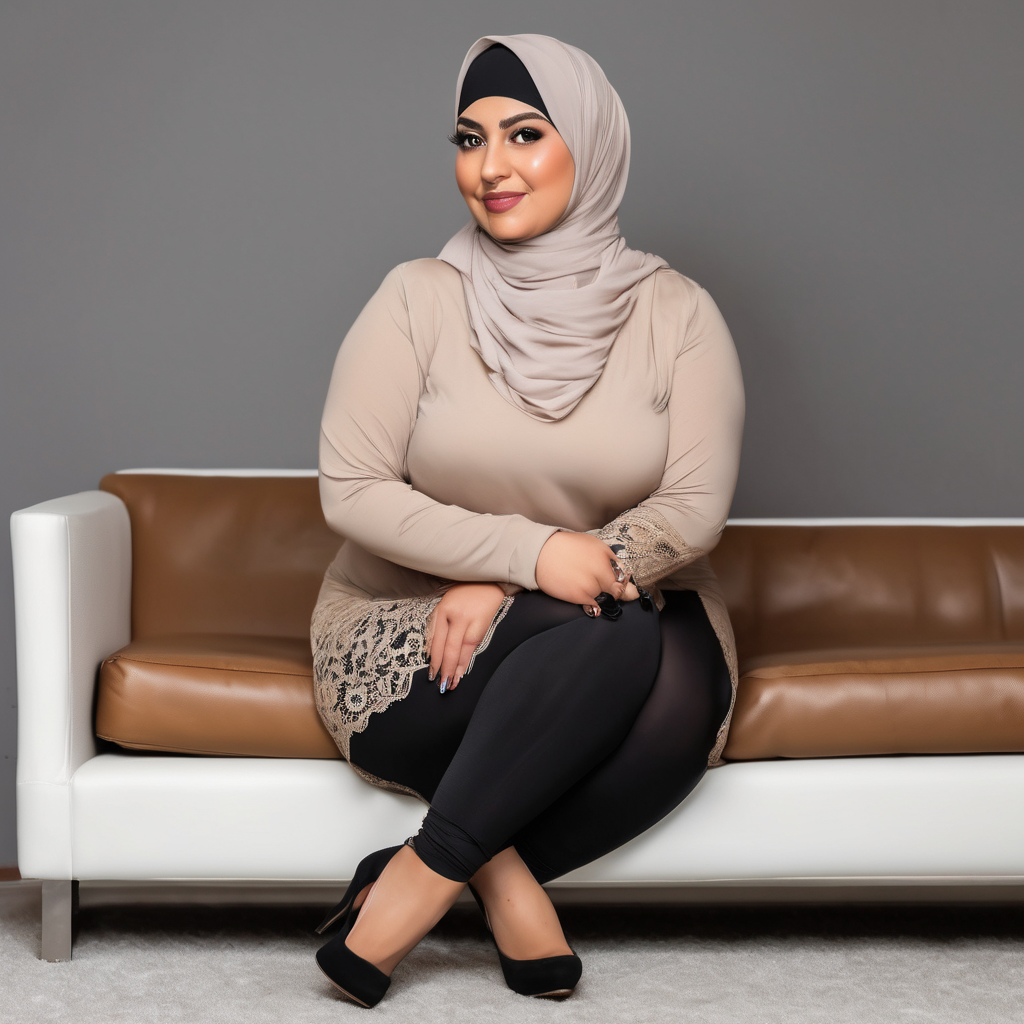 CHUBBY AND BUSTY A young, light-skinned Middle Eastern woman is seated on a gray sofa at wooden floor. Backround is  white a wall . She is wearing a brown hijab, a beige lace top, and  tights. Her build is cbby and busty. She is wearing black patent leather high-heeled stiletto. She is sitting with her legs crossed at the knees. Her face has a soft, inviting expression with a gentle smile. She is looking directly at the viewer. The lighting is bright and even, no  shadows. The composition is a medium and side diagonal shot, with the woman taking up most of the frame, seated on the right side. The style is a clean, modern aesthetic with a focus on form and color.8k photo, HDR, professional lighting, taken with Canon EOS R5, 75mm lens