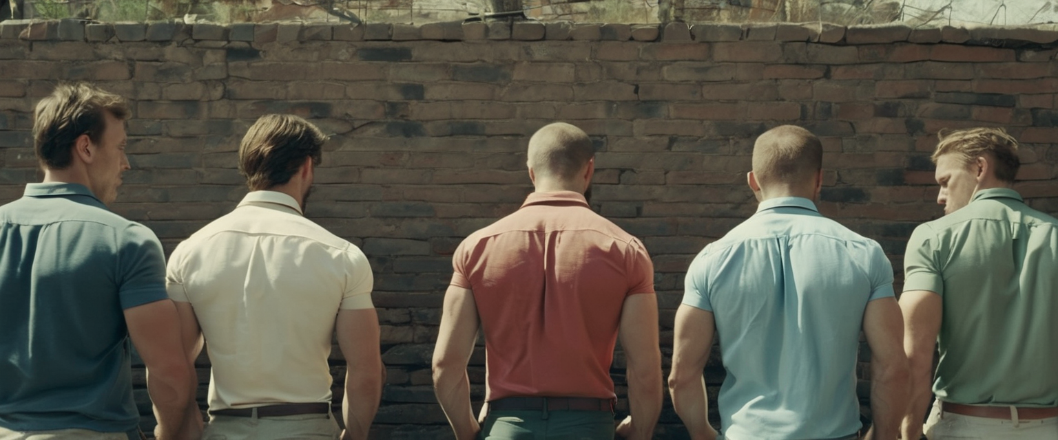 In an abandoned yard, five muscular Caucasian men wearing slim short-sleeve dress shirts of various patterns and colors, and slim shorts of various colors, are leaning face against a wall, facing away, their hands cuffed behind their backs. Back view, top-down, close-up shot.