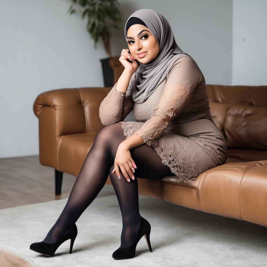 CHUBBY AND BUSTY A young, light-skinned Middle Eastern woman is seated on a gray sofa at wooden floor. Backround is  white a wall . She is wearing a brown hijab, a beige lace top, and  tights. Her build is cbby and busty. She is wearing black patent leather high-heeled stiletto. She is sitting with her legs crossed at the knees. Her face has a soft, inviting expression with a gentle smile. She is looking directly at the viewer. The lighting is bright and even, no  shadows. The composition is a medium and side diagonal shot, with the woman taking up most of the frame, seated on the right side. The style is a clean, modern aesthetic with a focus on form and color.8k photo, HDR, professional lighting, taken with Canon EOS R5, 75mm lens