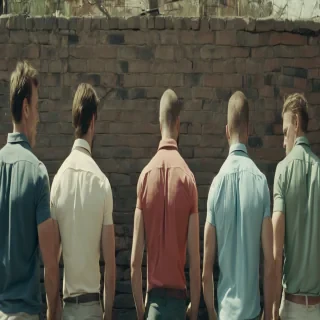In an abandoned yard, five muscular Caucasian men wearing slim short-sleeve dress shirts of various patterns and colors, and slim shorts of various colors, are leaning face against a wall, facing away, their hands cuffed behind their backs. Back view, top-down, close-up shot.