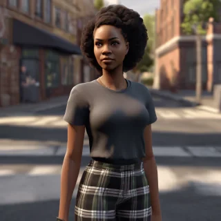 Create a realistic African American female character. She is wearing a short-sleeve plain black t-shirt paired with matching plaid wide-leg pants. The character is standing confidently in the middle of a street, facing directly toward the camera. The image should be a close-up full-body shot, capturing her full outfit and stance with lifelike detail.