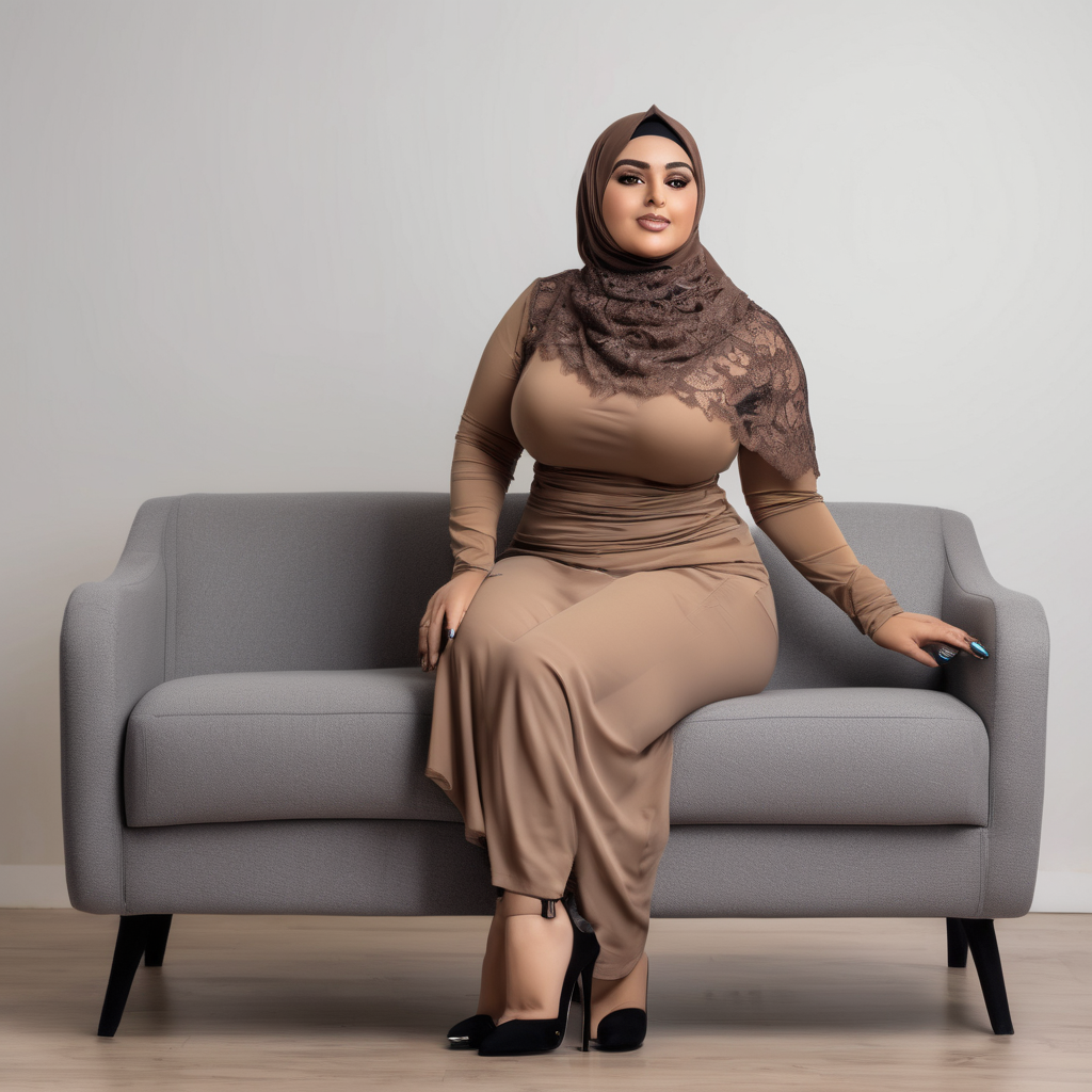 CHUBBY AND BUSTY A young, light-skinned Middle Eastern woman is seated on a gray sofa at wooden floor. Backround is  white a wall . She is wearing a brown hijab, a beige lace top, and  tights. Her build is cbby and busty. She is wearing black patent leather high-heeled stiletto. She is sitting with her legs crossed at the knees. Her face has a soft, inviting expression with a gentle smile. She is looking directly at the viewer. The lighting is bright and even, no  shadows. The composition is a medium and side diagonal shot, with the woman taking up most of the frame, seated on the right side. The style is a clean, modern aesthetic with a focus on form and color.8k photo, HDR, professional lighting, taken with Canon EOS R5, 75mm lens